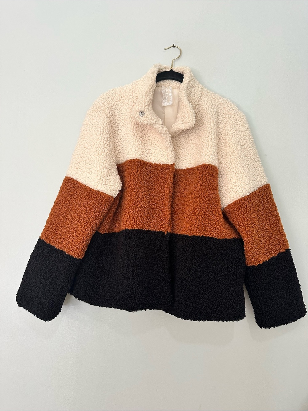 Sadie & Sage Anthro Colorblock Teddy Sherpa Jacket Cream, Brown & Black Sz Large